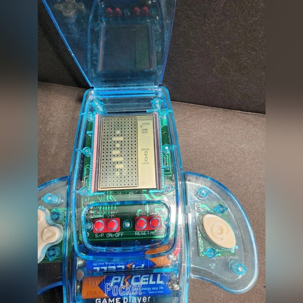 Pocket Game Player Handheld Brick Game Console Transparent Blue Flip Top Retro